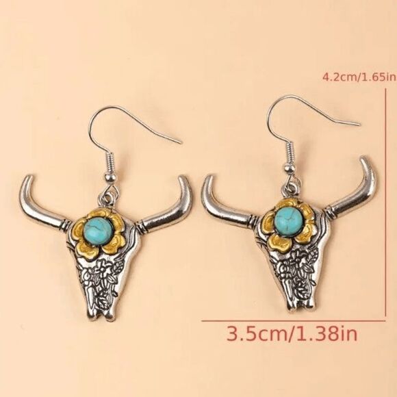 Western Cowboy Turquoise Longhorn Bull Steer Head Dangle Earrings - Picture 4 of 5
